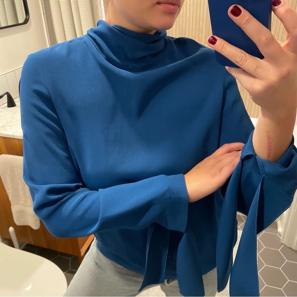 Joseph Blue Viscose High Neck Tie Blouse 6